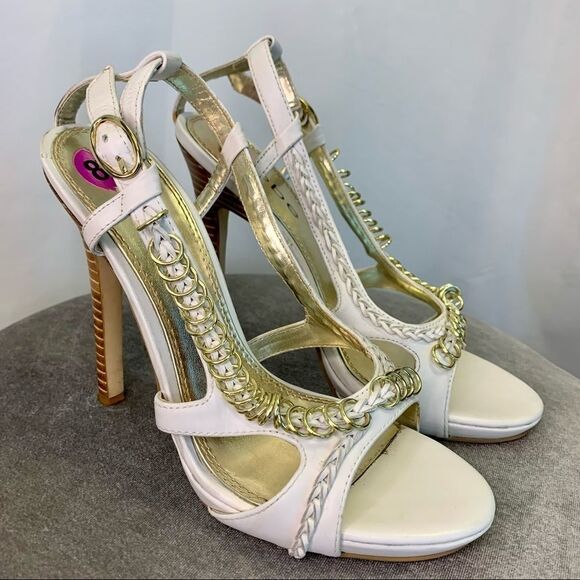 Bebe White strappy Leather with gold ring chain detail sandal high heels Sz 8.5 - Picture 2 of 7